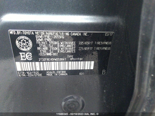 11688345 :رقم المزاد ، 2T3ZFREV0HW359841 vin ، 2017 Toyota Rav4 Le مزاد بيع