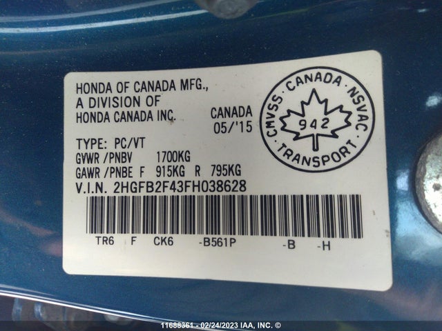 Honda Civic 2015 2HGFB2F43FH038628 Image 9