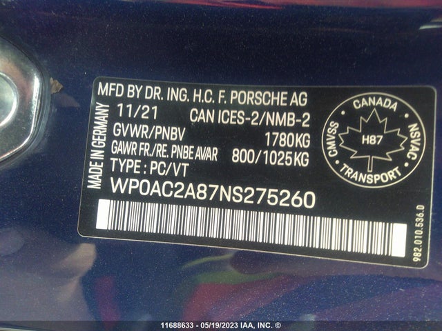 WP0AC2A87NS275260 Porsche Cayman Gt4