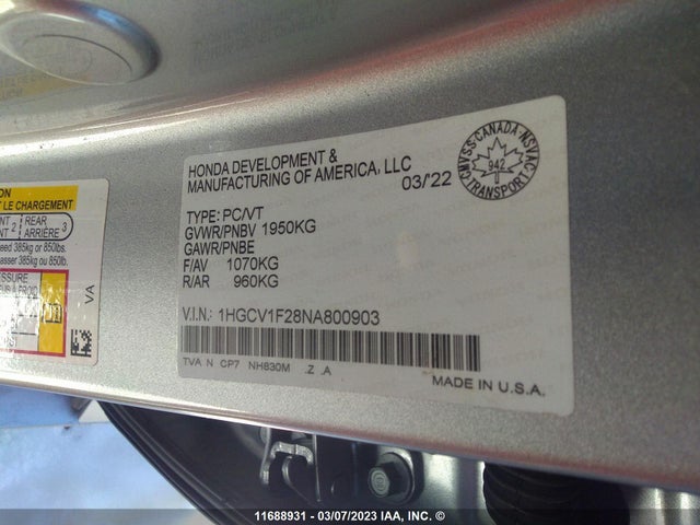 Honda ACCORD 2022 1HGCV1F28NA800903 Image 11