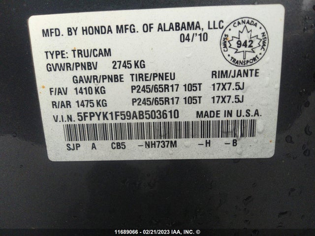 Honda Ridgeline Rtl 2010 5FPYK1F59AB503610 Image 9
