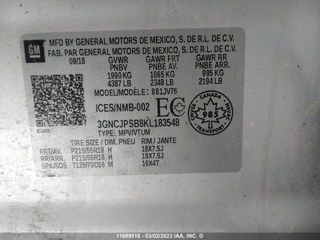 Chevrolet TRAX 1LT 2019 3GNCJPSB8KL183548 Image 9
