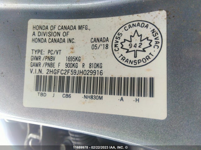 Honda Civic 2018 2HGFC2F59JH029916 Image 11