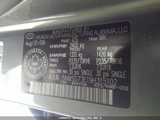 Hyundai Santa Fe Gl 2009 5NMSG73E19H315102 Image 11