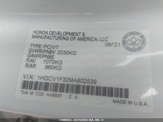 Honda ACCORD 2021 1HGCV1F32MA802539 Image 9