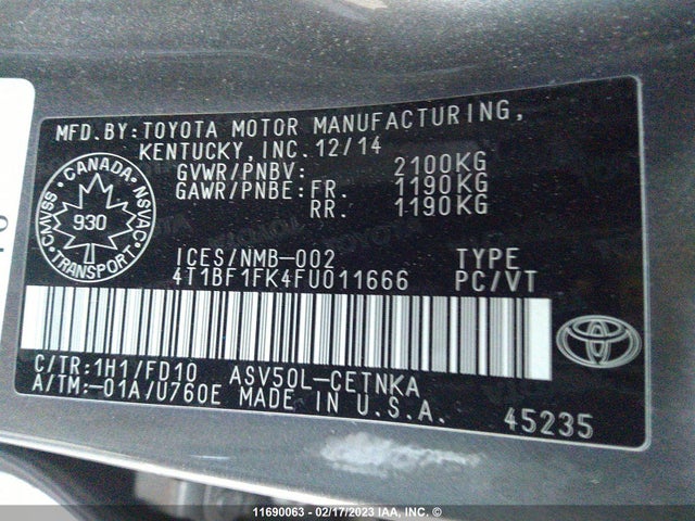 2015 Toyota Camry Le/xle/se/xse მანქანა იყიდება აუქციონზე, vin: 4T1BF1FK4FU011666, აუქციონის ნომერი: 11690063