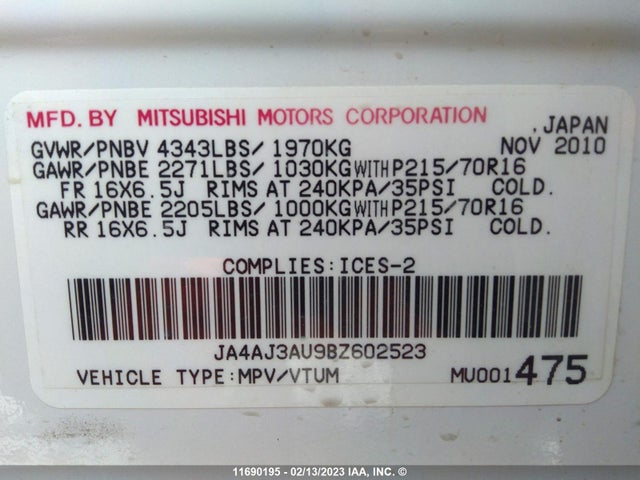 JA4AJ3AU9BZ602523 Mitsubishi RVR SE