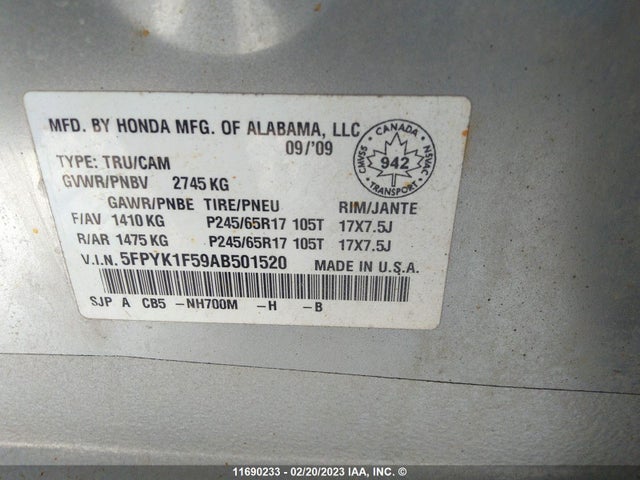 Honda Ridgeline Rtl 2010 5FPYK1F59AB501520 Image 10