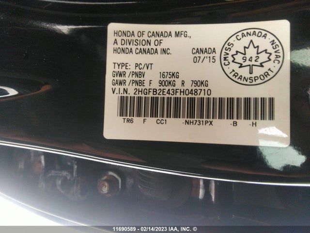 Honda Civic Lx 2015 2HGFB2E43FH048710 Image 10