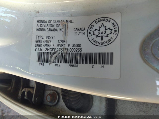 Honda Civic Lx 2015 2HGFB2F51FH009265 Image 11