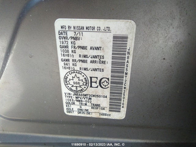 Nissan ROGUE S/SV 2012 JN8AS5MT2CW250104 Image 10