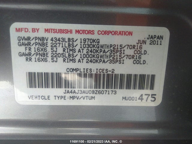 JA4AJ3AU0BZ607173 Mitsubishi RVR SE