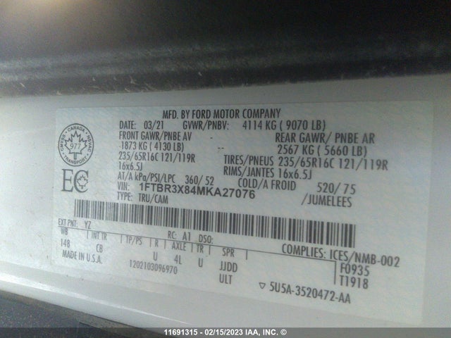 Ford Transit T-250 2021 1FTBR3X84MKA27076 Image 10