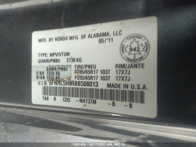Honda ODYSSEY EXL 2011 5FNRL5H64BB508013 Image 9