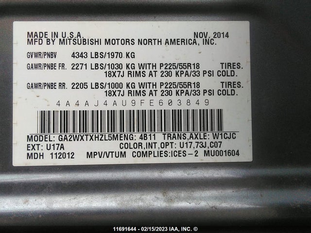 4A4AJ4AU9FE603849 Mitsubishi Rvr Gt