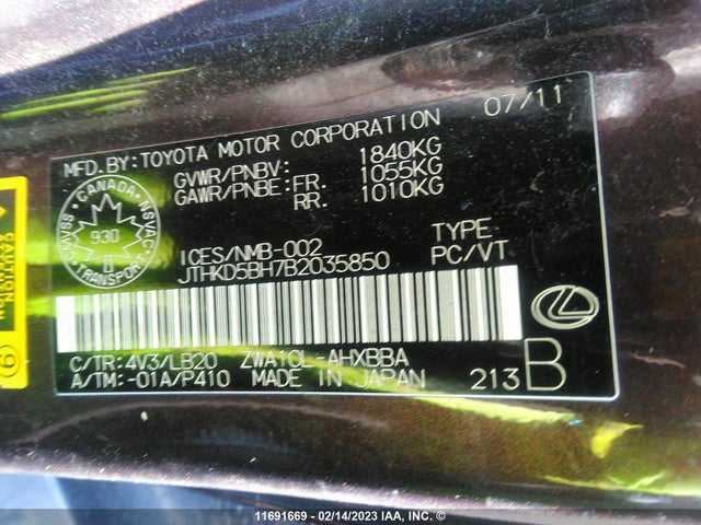 JTHKD5BH7B2035850 Lexus CT 200