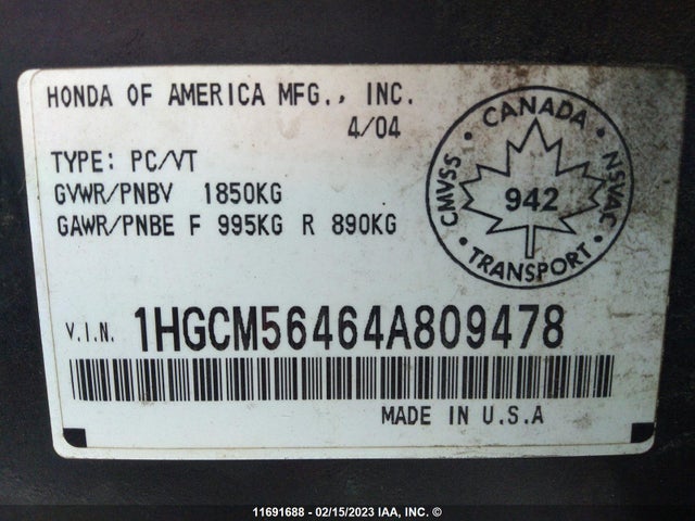 Honda ACCORD LX 2004 1HGCM56464A809478 Image 10