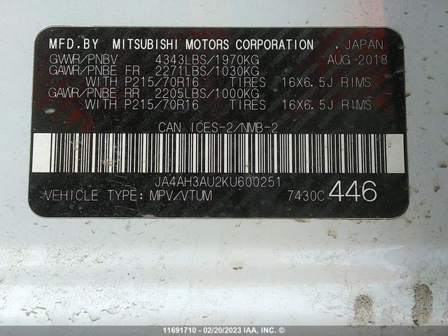 JA4AH3AU2KU600251 Mitsubishi Rvr Se/es