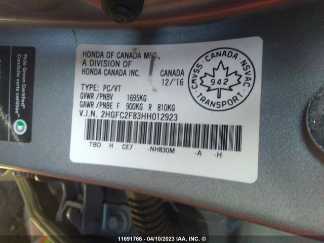 Honda Civic 2017 2HGFC2F83HH012923 Image 9