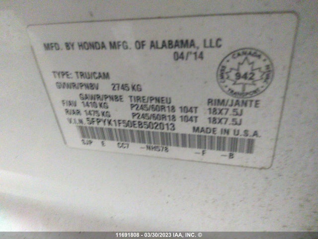 Honda Ridgeline Rtl 2014 5FPYK1F50EB502013 Image 10