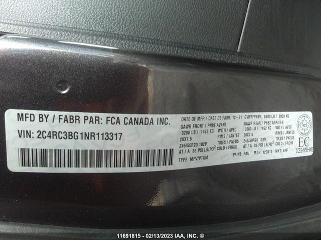 2C4RC3BG1NR113317 Chrysler Pacifica Touring L