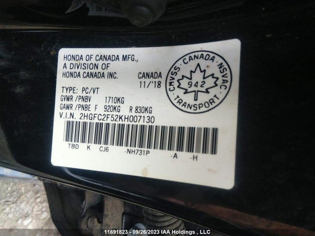 Honda Civic Lx 2019 2HGFC2F52KH007130 Image 11