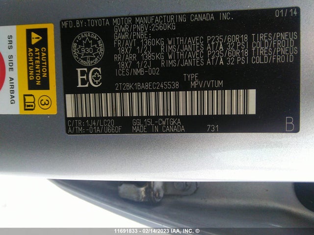 2T2BK1BA8EC245538 Lexus Rx 350/base/f Sport