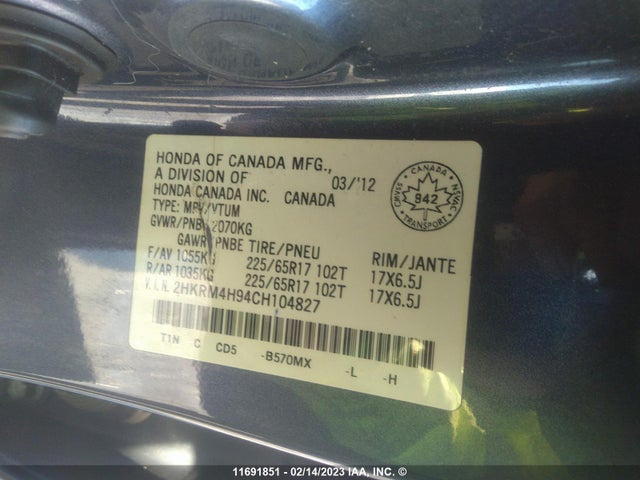 Aukcja sprzedaży 2012 Honda Cr-v, vin: 2HKRM4H94CH104827, numer aukcji: 11691851
