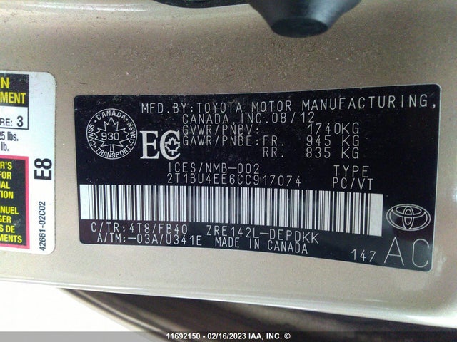 Toyota Corolla S/le 2012 2T1BU4EE6CC917074 Image 11