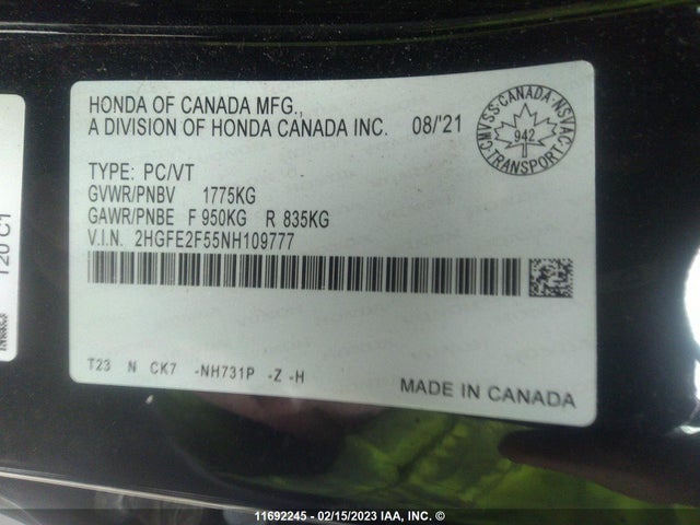 Honda Civic 2022 2HGFE2F55NH109777 Image 9