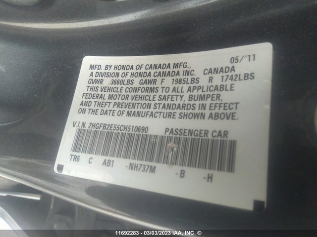 Honda Civic Lx 2012 2HGFB2E55CH510690 Image 10