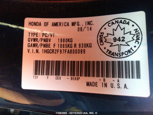 Honda Accord 2015 1HGCR2F97FA800089 Image 9