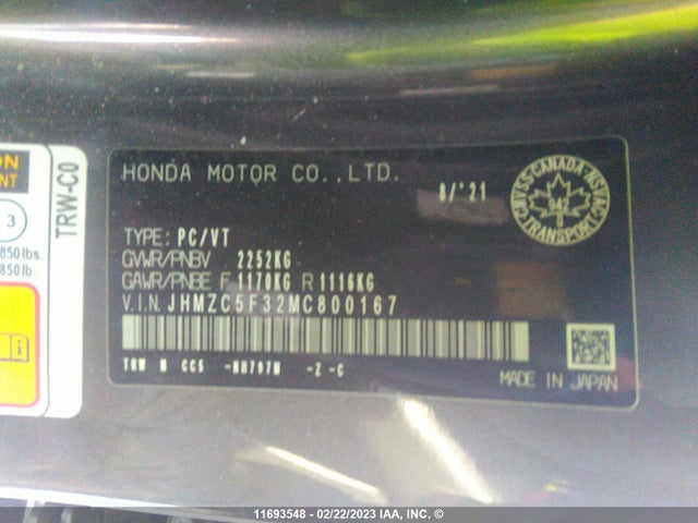 Honda Clarity Touring 2021 JHMZC5F32MC800167 Image 9