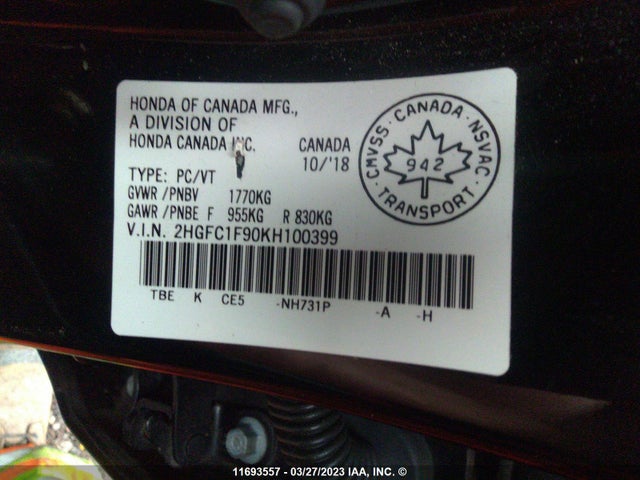 Honda Civic Touring 2019 2HGFC1F90KH100399 Image 9