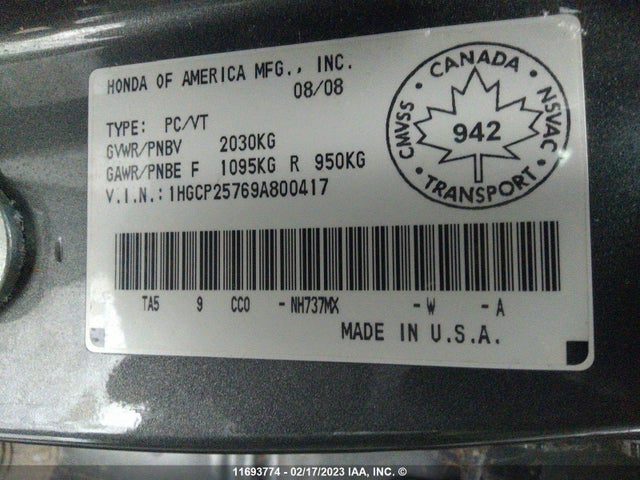 Honda ACCORD EX 2009 1HGCP25769A800417 Image 10