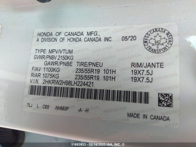 Honda Cr-v Touring 2020 2HKRW2H98LH224421 Image 9
