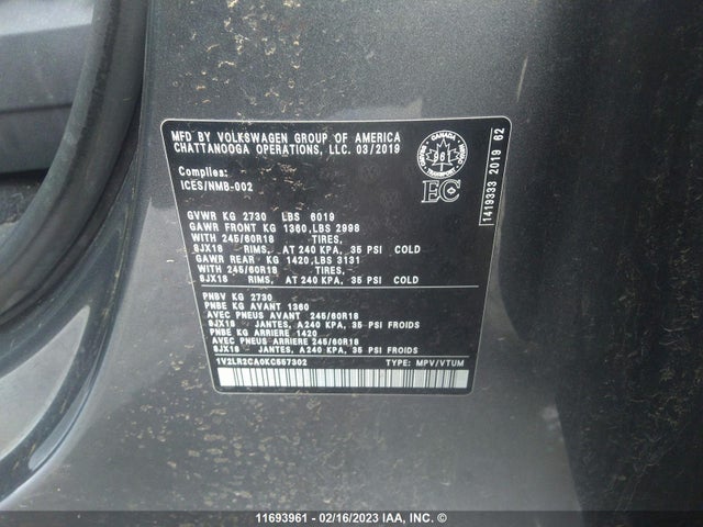 Volkswagen ATLAS SE 2019 1V2LR2CA0KC557302 Image 11