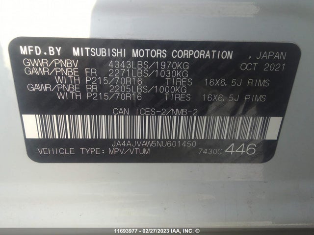 JA4AJVAW5NU601450 Mitsubishi Rvr Se/sel/le/gt