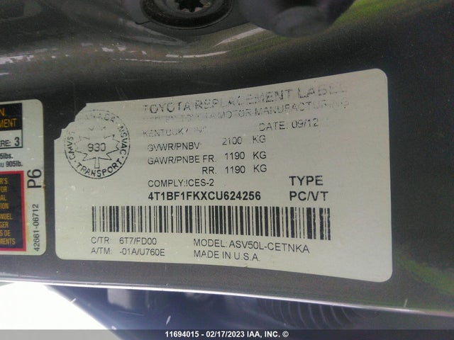 Toyota CAMRY 2012 4T1BF1FKXCU624256 Image 11