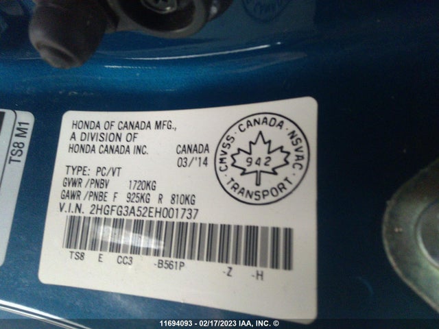 Honda Civic Lx 2014 2HGFG3A52EH001737 Image 9