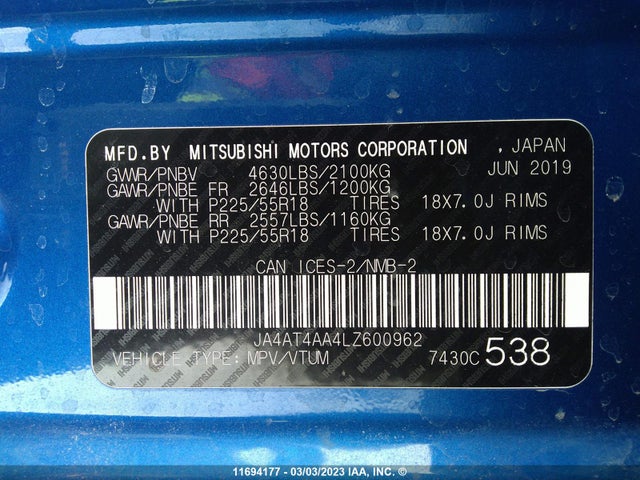 JA4AT4AA4LZ600962 Mitsubishi Eclipse Cross Le/sp