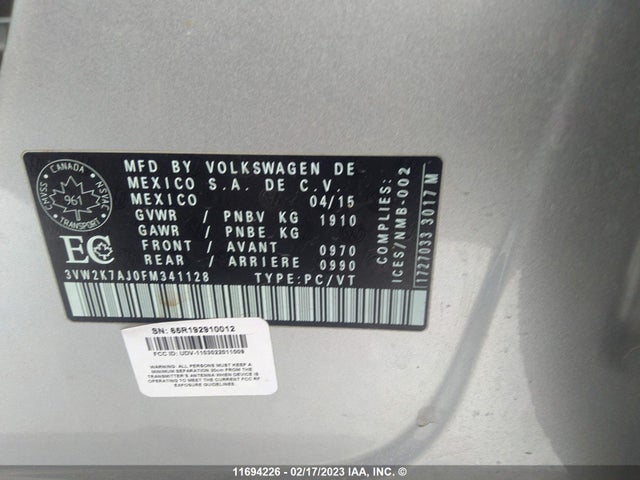 3VW2K7AJ0FM341128 Volkswagen JETTA S