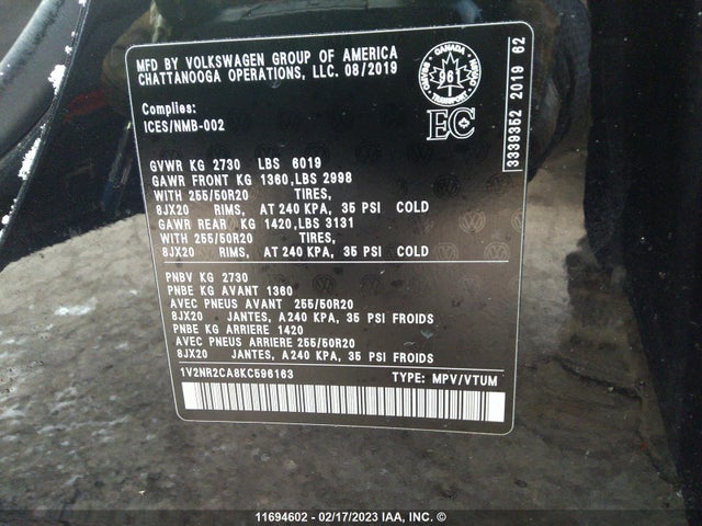 1V2NR2CA8KC596163 Volkswagen Atlas Sel Premium