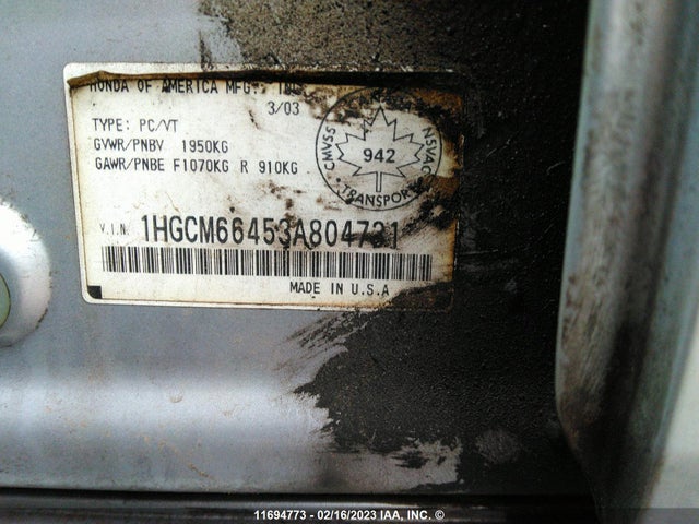 Honda ACCORD EX 2003 1HGCM66453A804731 Image 11