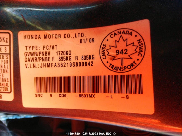 Honda CIVIC HYBRID 2009 JHMFA36219S800842 Image 10