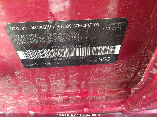 JA32U2FU5HU604875 Mitsubishi LANCER ES