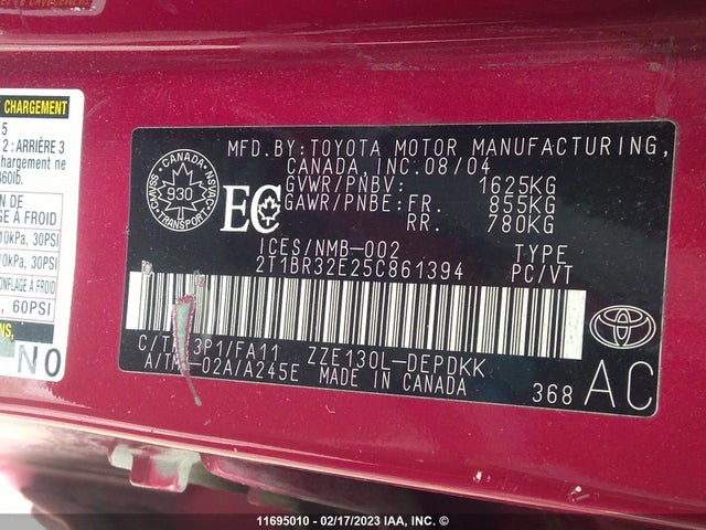 Toyota COROLLA CE/LE/S 2005 2T1BR32E25C861394 Image 10