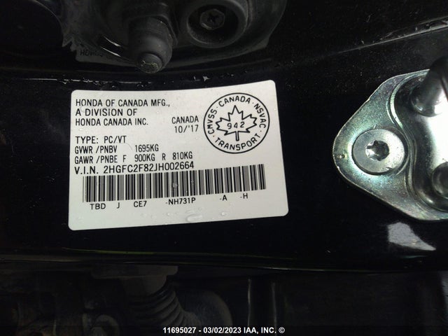 Honda CIVIC EX 2018 2HGFC2F82JH002664 Image 10