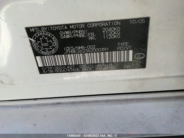 JTHBE262362000391 Lexus IS 350