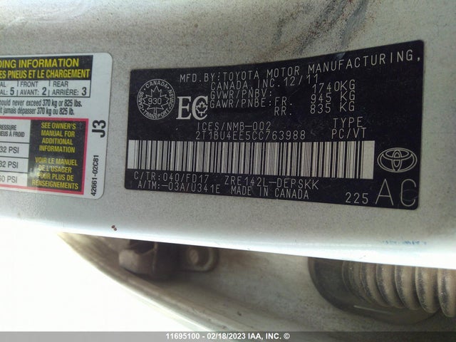 Toyota Corolla S/le 2012 2T1BU4EE5CC763988 Image 10